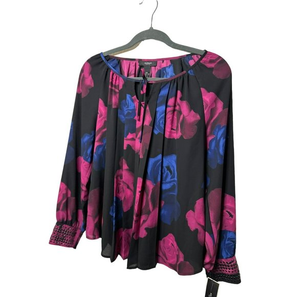 NWT Alfani Ladies Pink Blue Flowy Stylish Floral Sequin Sleeve Blouse SZ 10P - Picture 3 of 8